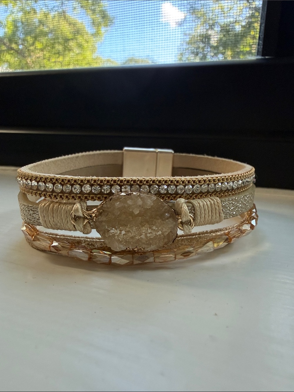 Beige Druzy Multi-Row Bracelet with Crystal Accents